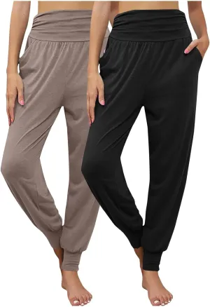 2 Pack Womens Yoga Jogger Pants with Side Pockets Sweatpants Lounge Lightweight Pants for Workout Running Yoga