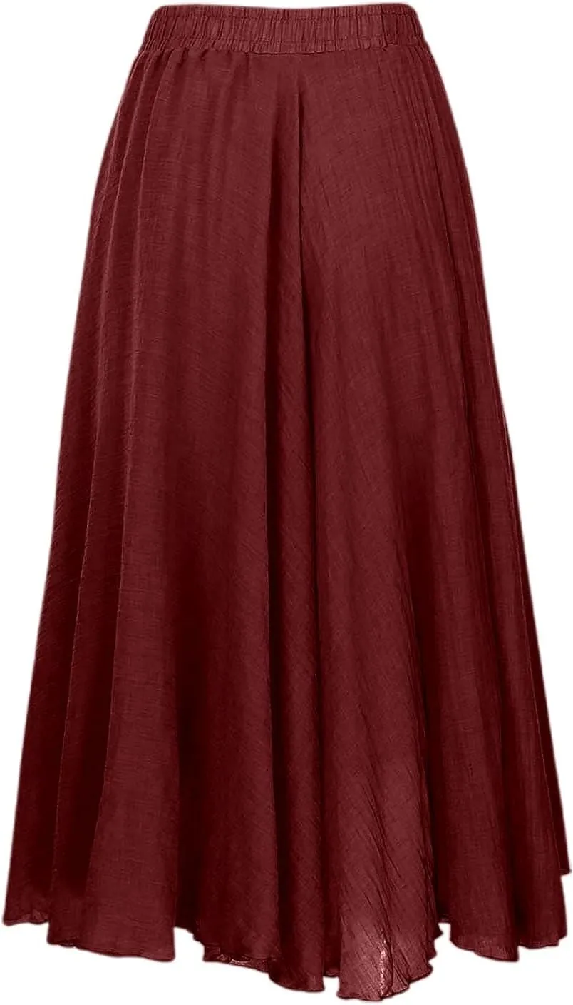 A Line Skirt for Women Trendy Flared High Elastic Waist Solid Loose Pleated Long Skirts for Summer Vacation Streetwear
