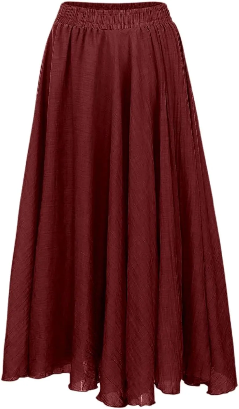 A Line Skirt for Women Trendy Flared High Elastic Waist Solid Loose Pleated Long Skirts for Summer Vacation Streetwear