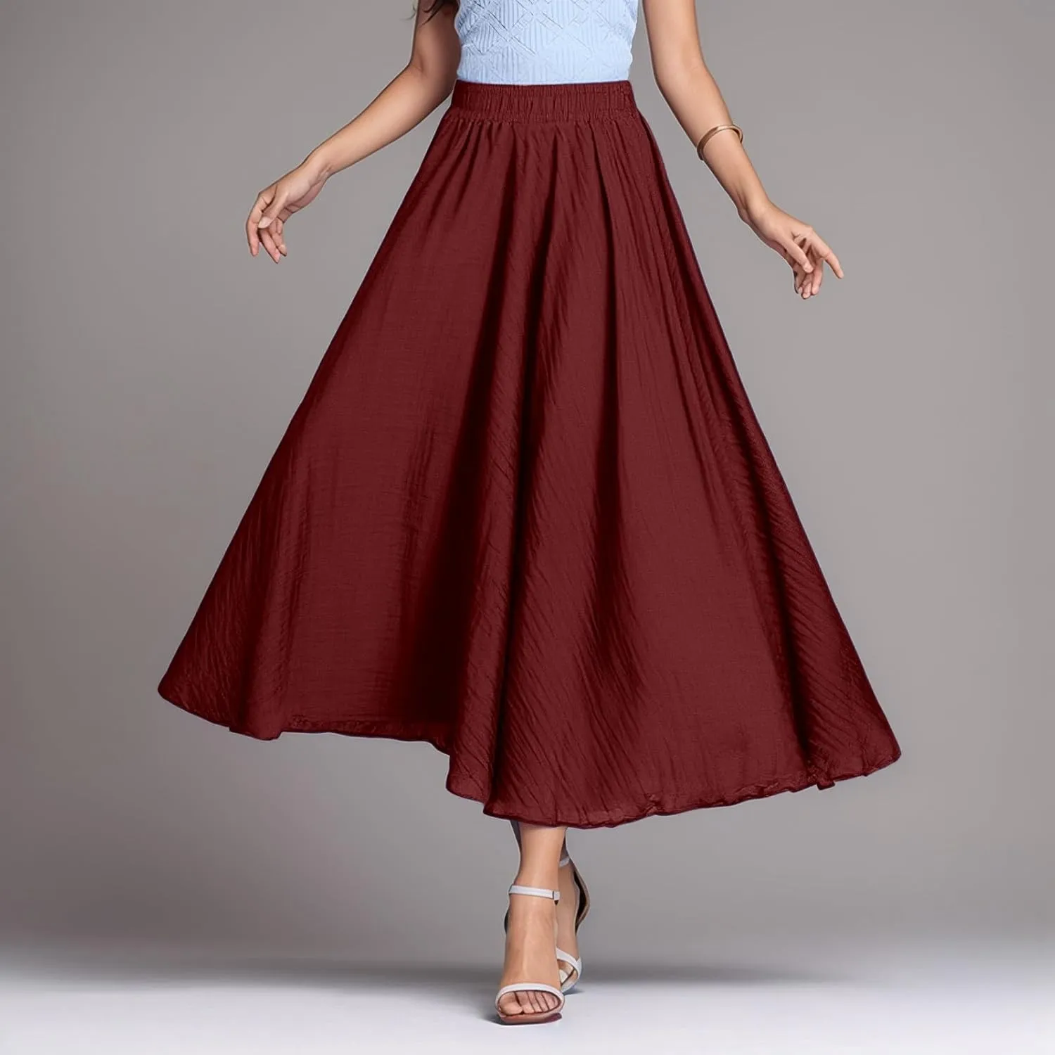 A Line Skirt for Women Trendy Flared High Elastic Waist Solid Loose Pleated Long Skirts for Summer Vacation Streetwear