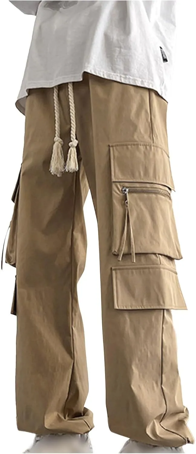 Akklian Men's Elastic Waist Drawstring Loose Outdoor Hiking Pants Fashion Casual Streetwear Cargo Pants with Multi Pockets