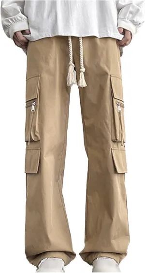 Akklian Men's Elastic Waist Drawstring Loose Outdoor Hiking Pants Fashion Casual Streetwear Cargo Pants with Multi Pockets