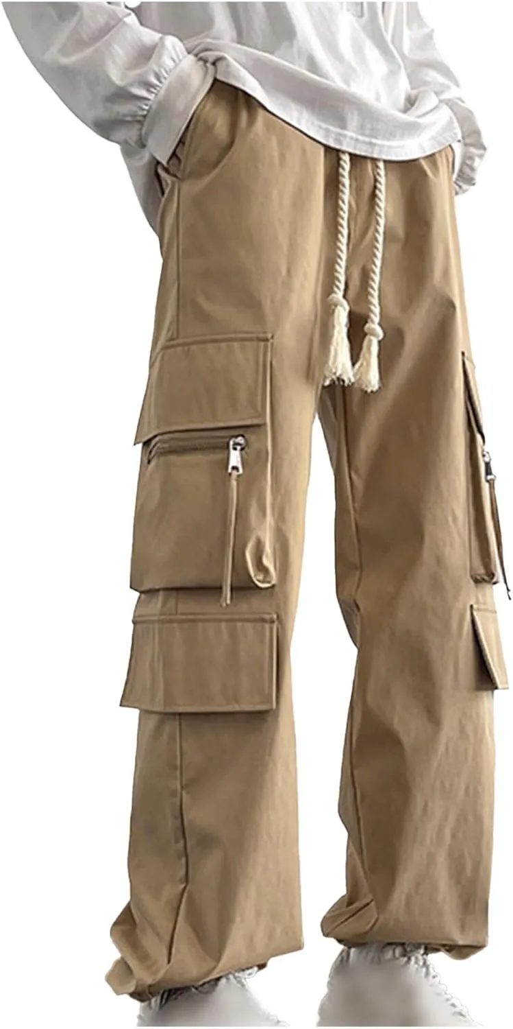 Akklian Men's Elastic Waist Drawstring Loose Outdoor Hiking Pants Fashion Casual Streetwear Cargo Pants with Multi Pockets