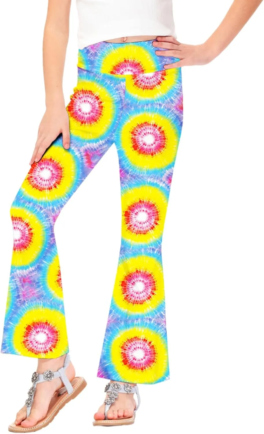 AOBUTE Girls Bell Bottom Pants Tie Dye Print High Waist Flare Leggings 5-14 Years
