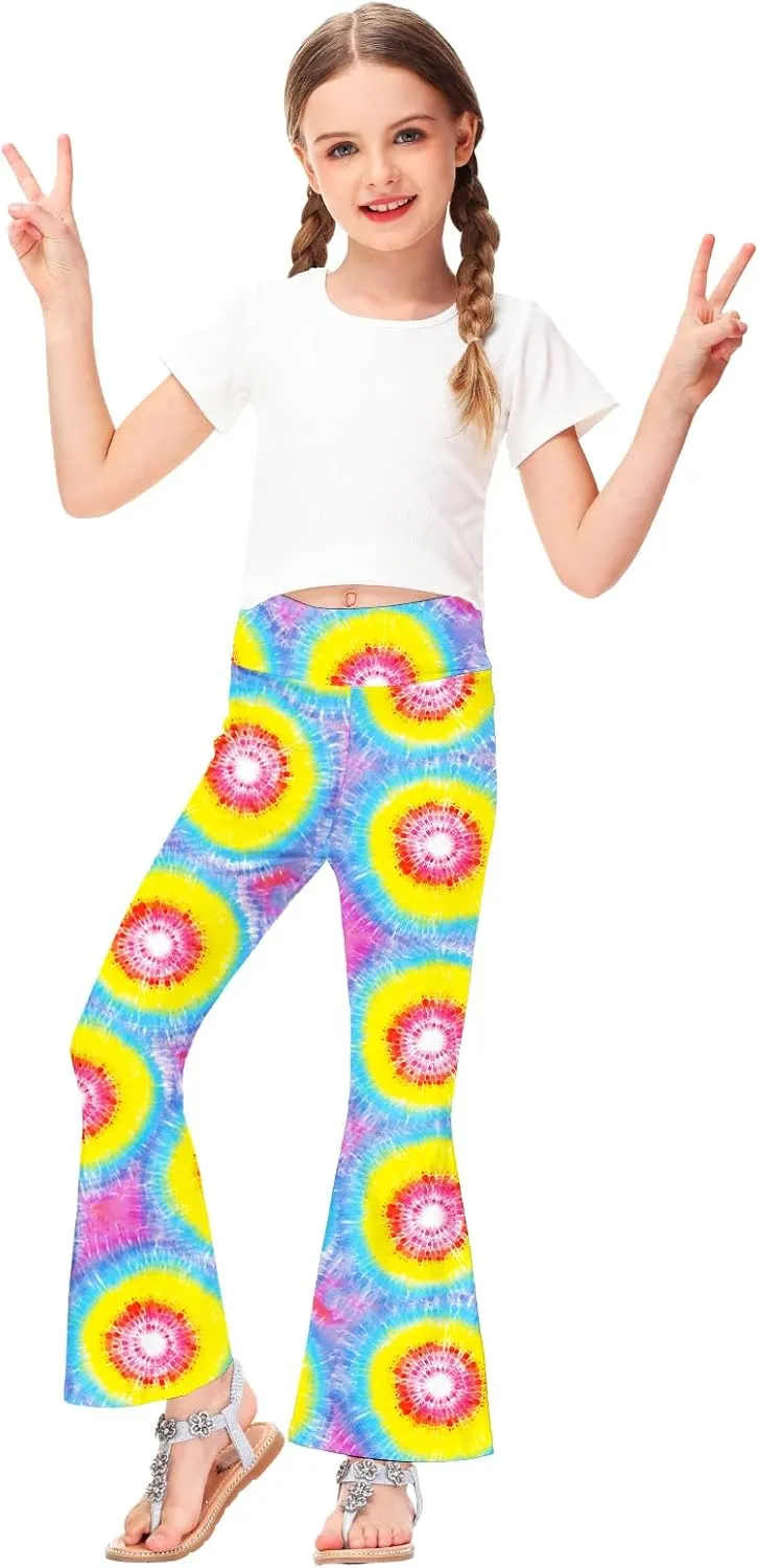 AOBUTE Girls Bell Bottom Pants Tie Dye Print High Waist Flare Leggings 5-14 Years