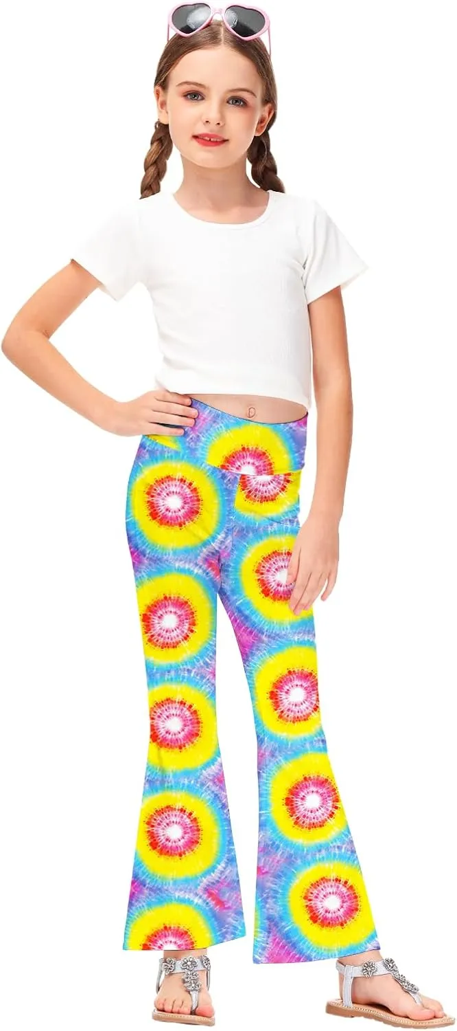 AOBUTE Girls Bell Bottom Pants Tie Dye Print High Waist Flare Leggings 5-14 Years