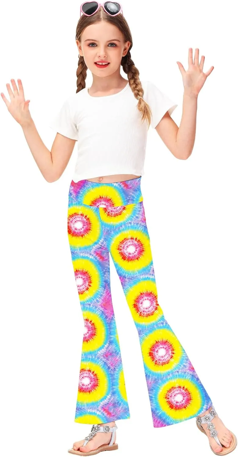 AOBUTE Girls Bell Bottom Pants Tie Dye Print High Waist Flare Leggings 5-14 Years