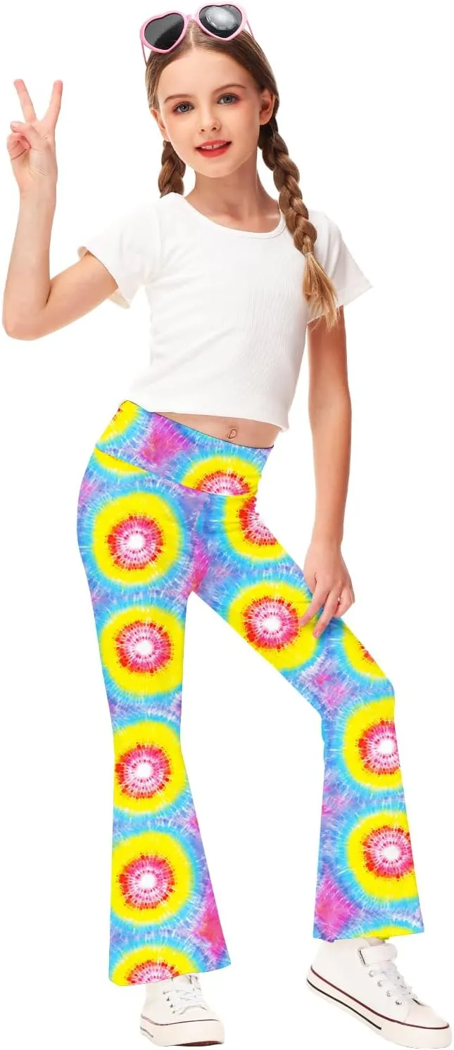 AOBUTE Girls Bell Bottom Pants Tie Dye Print High Waist Flare Leggings 5-14 Years