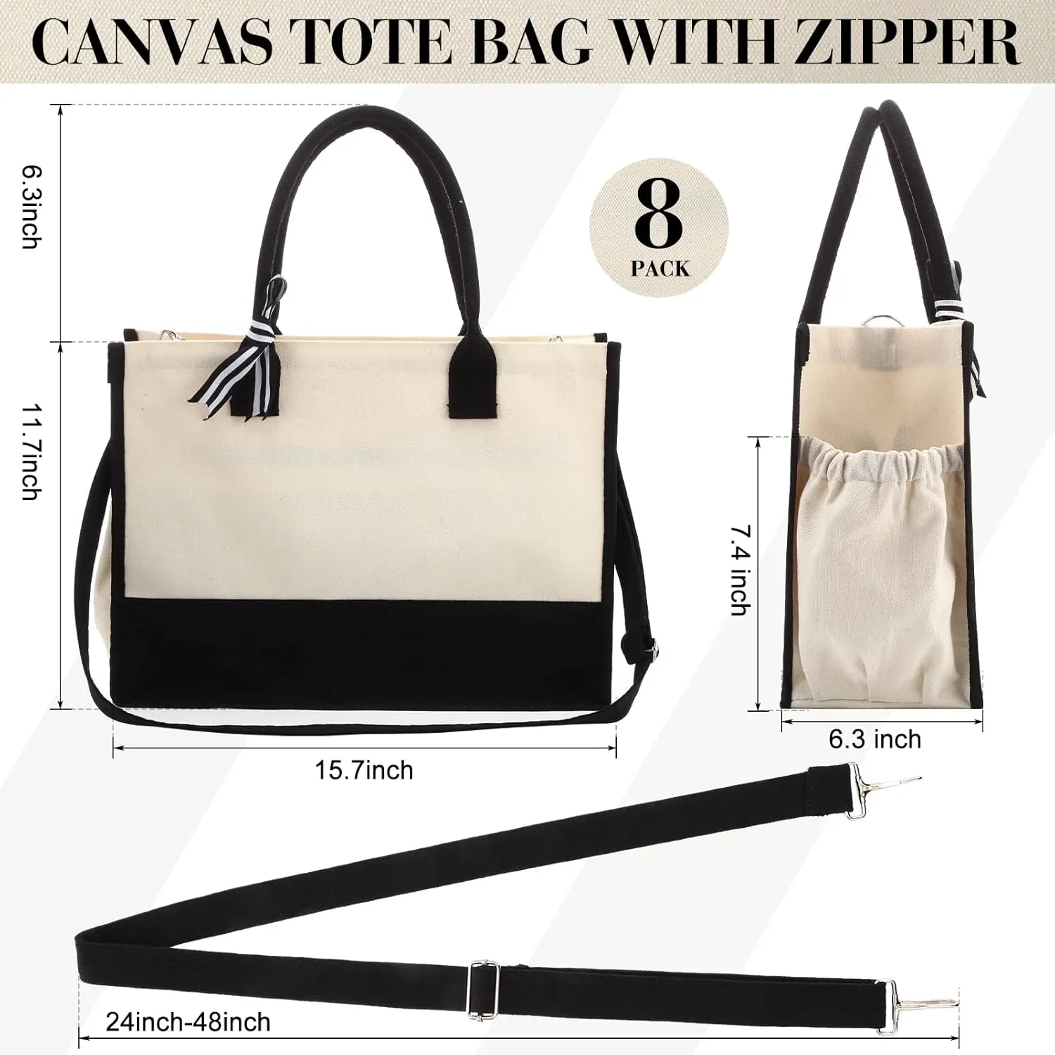 Aoriher 8 PCS Canvas Tote Bag with Shoulder Strap Zipper Opening Grocery Tote for Women Birthday Bridesmaid Gift Bag