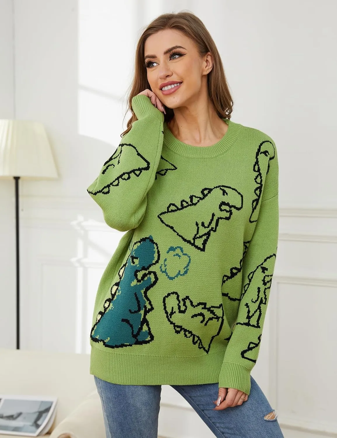 Arssm Dinosaur Sweater Women y2k Vintage Oversized Graphic Streetwear Knit Sweater Casual Cute Kawaii Tops