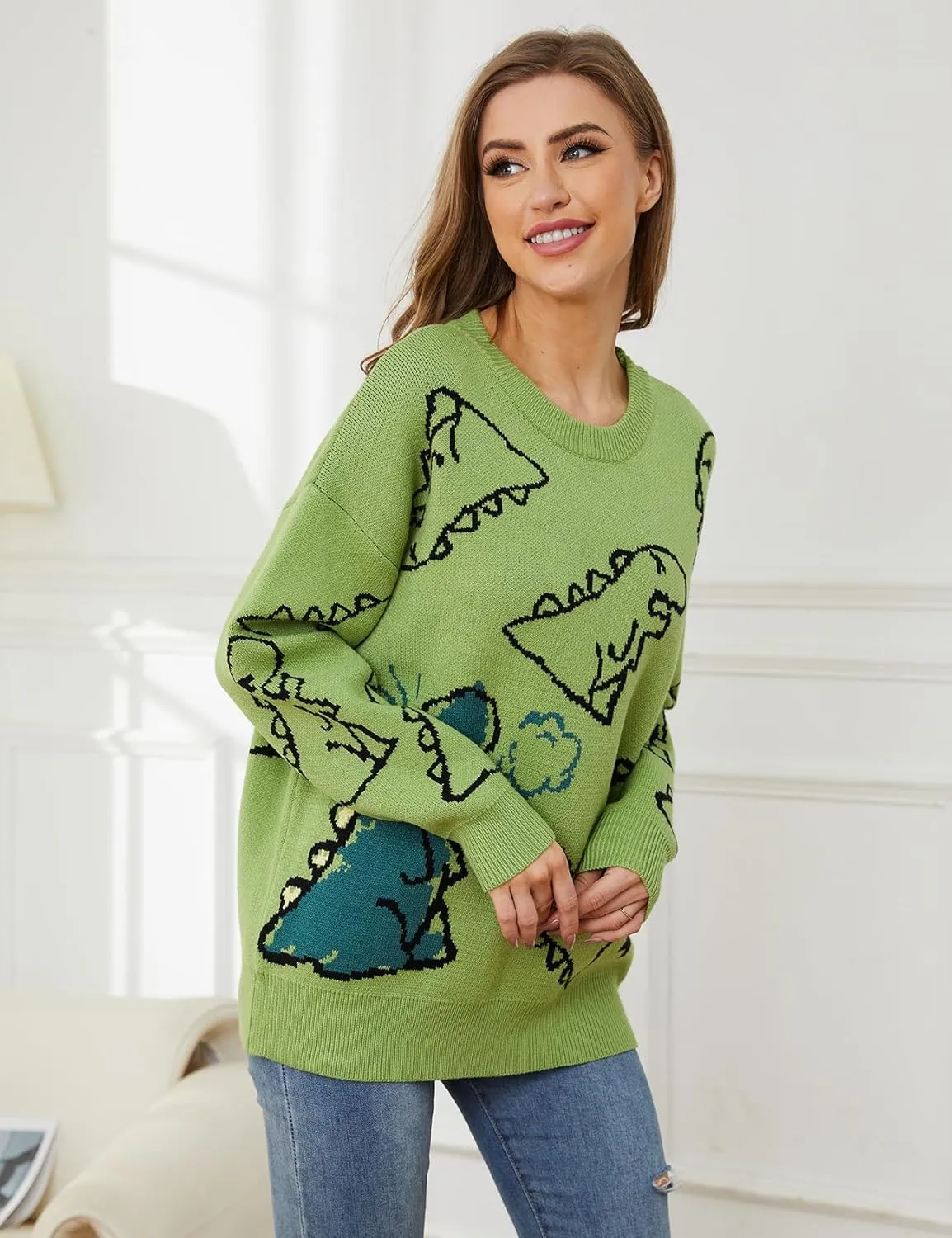 Arssm Dinosaur Sweater Women y2k Vintage Oversized Graphic Streetwear Knit Sweater Casual Cute Kawaii Tops