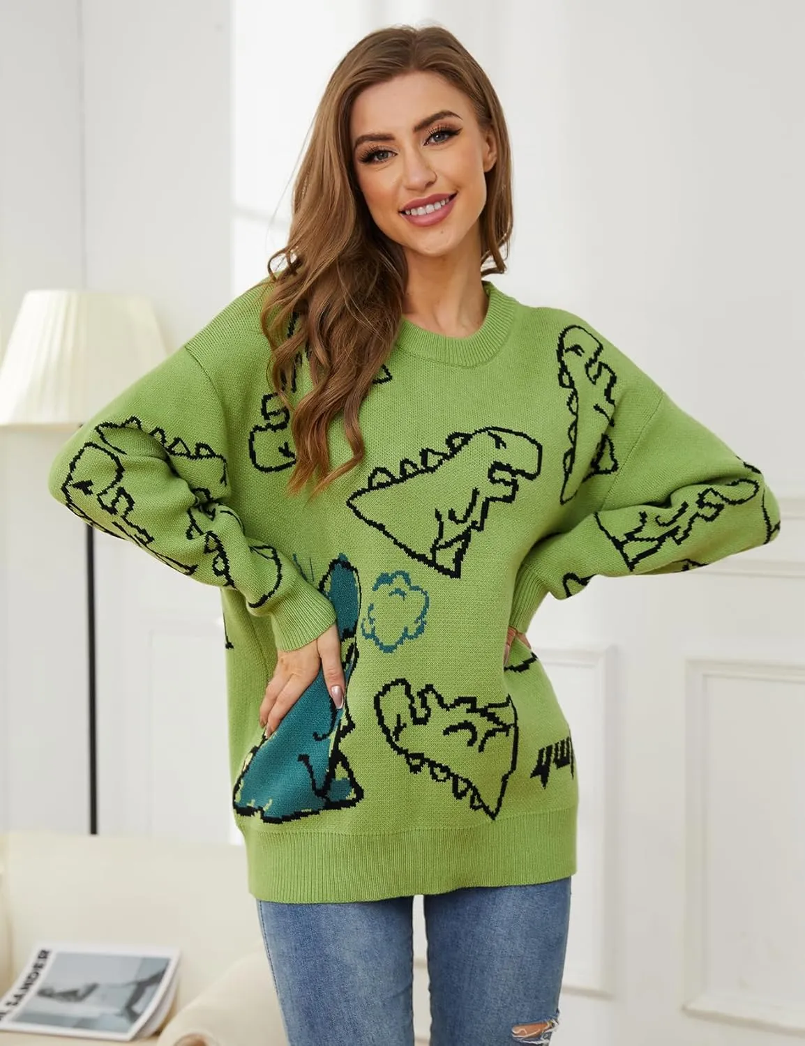 Arssm Dinosaur Sweater Women y2k Vintage Oversized Graphic Streetwear Knit Sweater Casual Cute Kawaii Tops