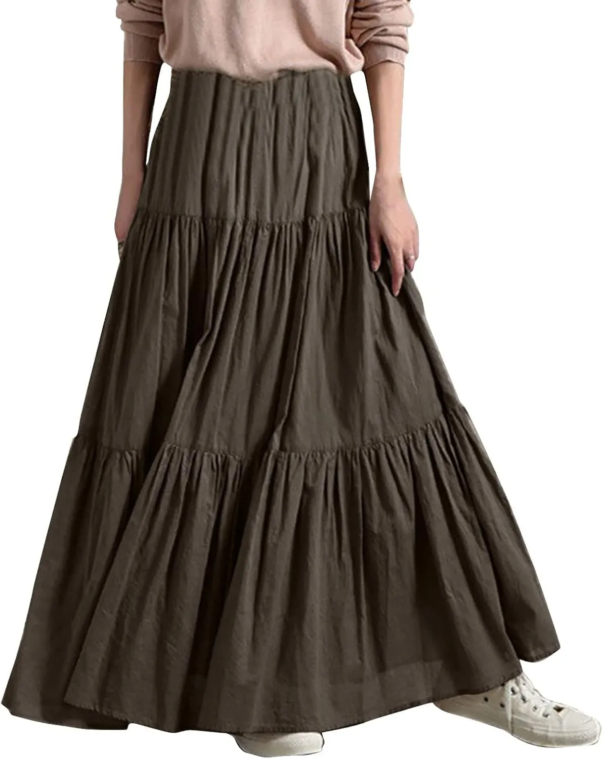 Athletic Skirts Women Lightweight Summer High Elastic Waisted Soft Pleated Trendy A-Line Long Skirts for Women