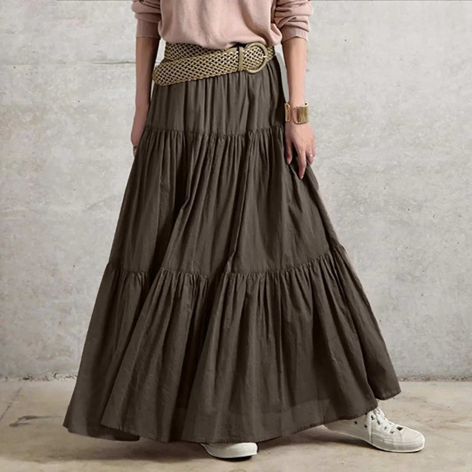 Athletic Skirts Women Lightweight Summer High Elastic Waisted Soft Pleated Trendy A-Line Long Skirts for Women