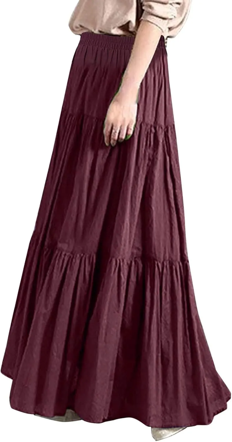 Athletic Skirts Women Lightweight Summer High Elastic Waisted Soft Pleated Trendy A-Line Long Skirts for Women