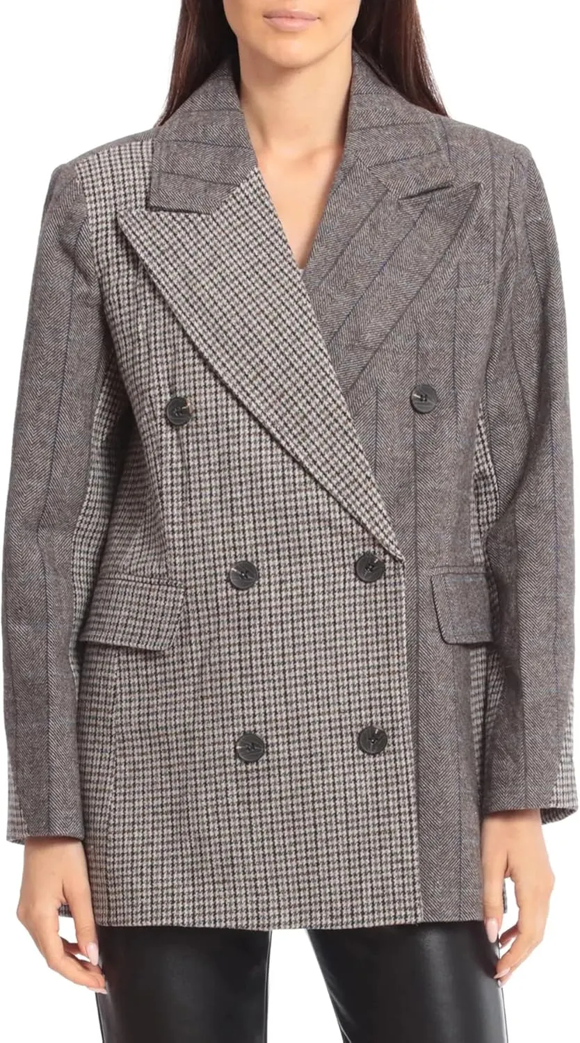 Avec Les Filles Womens Wool Blend Houndstooth Double-Breasted Blazer