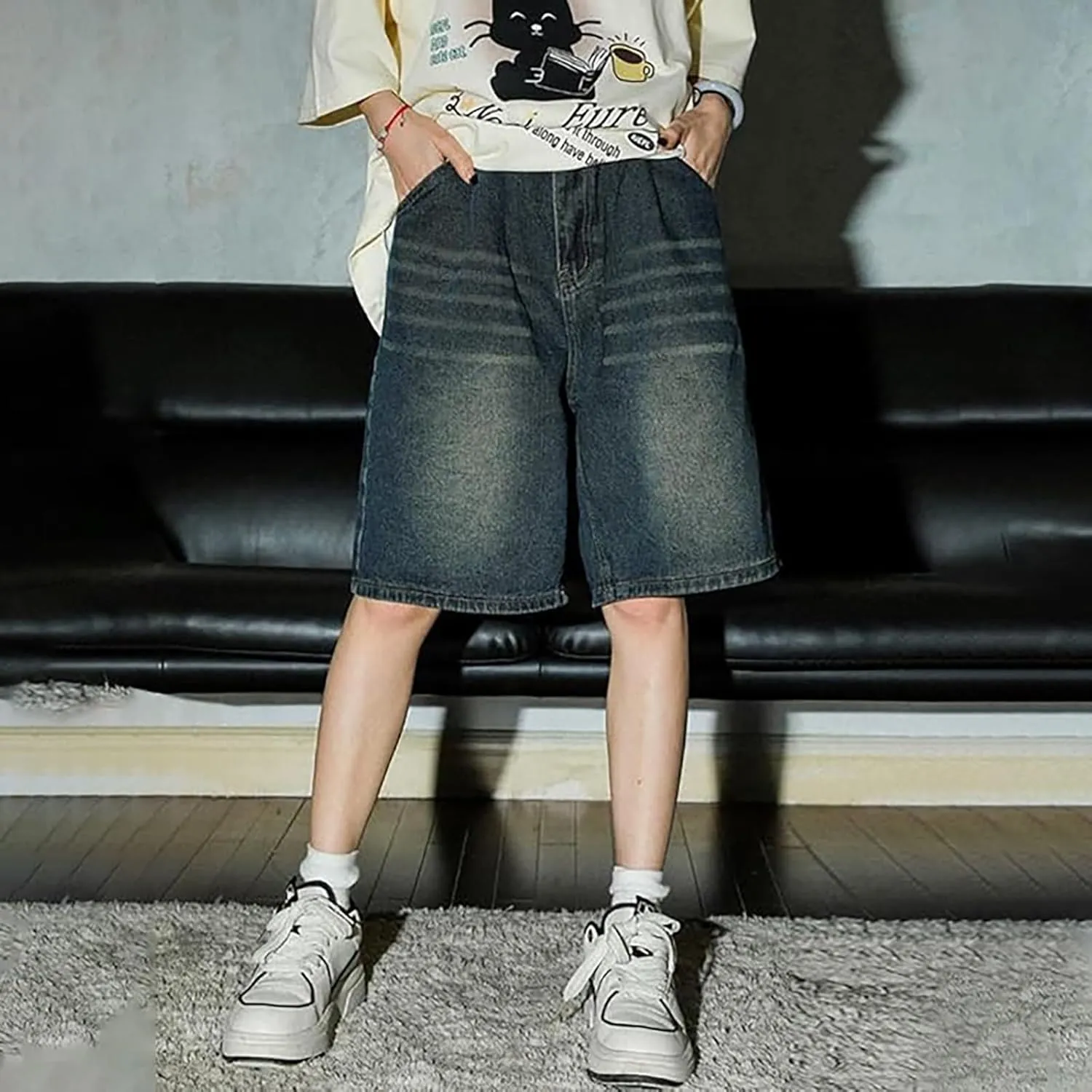 Baggy Jean Shorts for Men Casual Summer Loose Fit Hip Hop Long Denim Shorts Streetwear Clothes