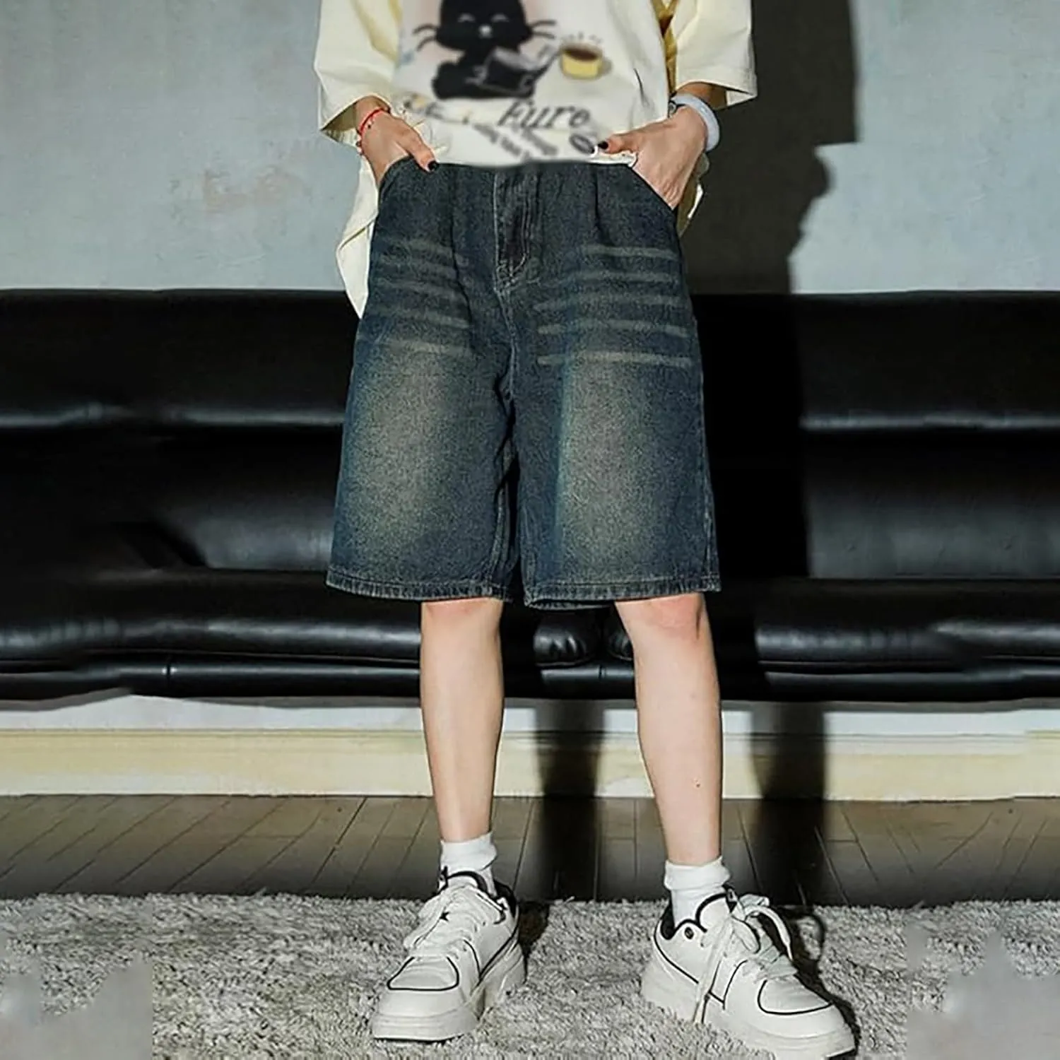 Baggy Jean Shorts for Men Casual Summer Loose Fit Hip Hop Long Denim Shorts Streetwear Clothes
