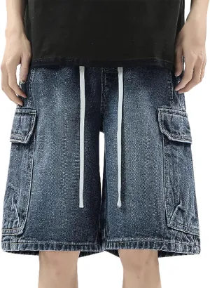Baggy Jean Shorts for Men Summer Casual Loose Fit Y2K Hip Hop Mid Denim Shorts Streetwear with Pockets