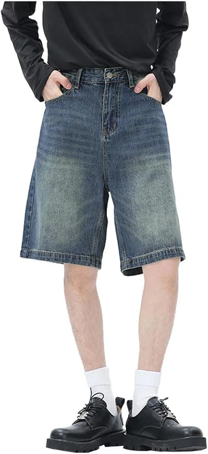 Baggy Jean Shorts for Men Summer Casual Loose Fit Y2K Hip Hop Mid Denim Shorts Streetwear with Pockets