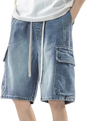 Baggy Jean Shorts for Men Summer Casual Loose Fit Y2K Hip Hop Mid Denim Shorts Streetwear with Pockets