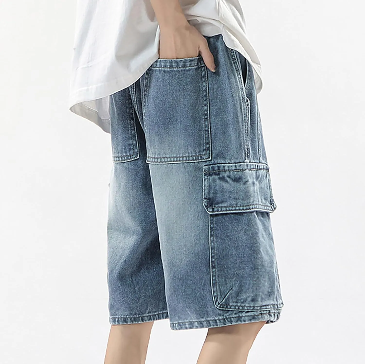 Baggy Jean Shorts for Men Summer Casual Loose Fit Y2K Hip Hop Mid Denim Shorts Streetwear with Pockets