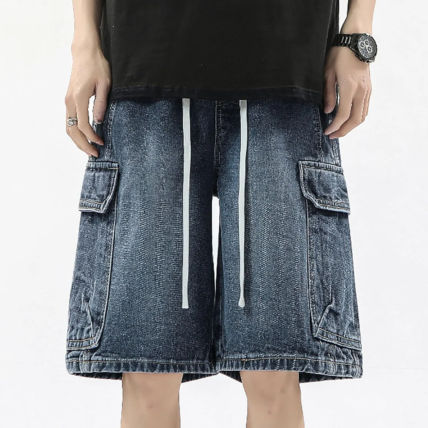 Baggy Jean Shorts for Men Summer Casual Loose Fit Y2K Hip Hop Mid Denim Shorts Streetwear with Pockets