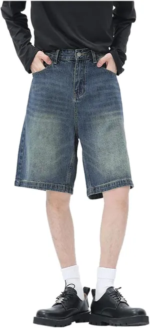 Baggy Jean Shorts for Men Summer Casual Loose Fit Y2K Hip Hop Mid Denim Shorts Streetwear with Pockets