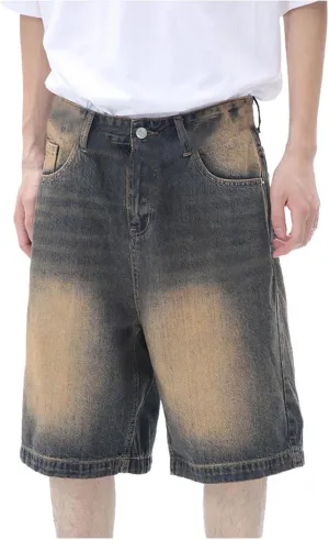 Baggy Jean Shorts for Men Summer Casual Loose Fit Y2K Hip Hop Mid Denim Shorts Streetwear with Pockets