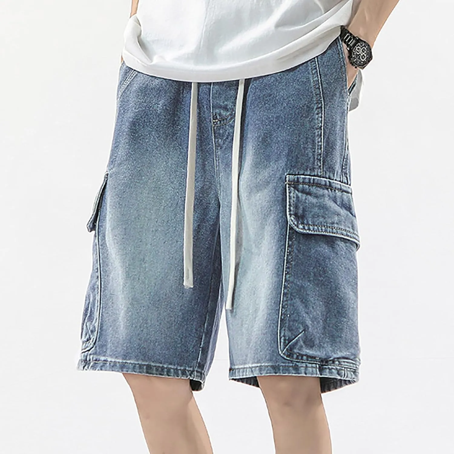 Baggy Jean Shorts for Men Summer Casual Loose Fit Y2K Hip Hop Mid Denim Shorts Streetwear with Pockets