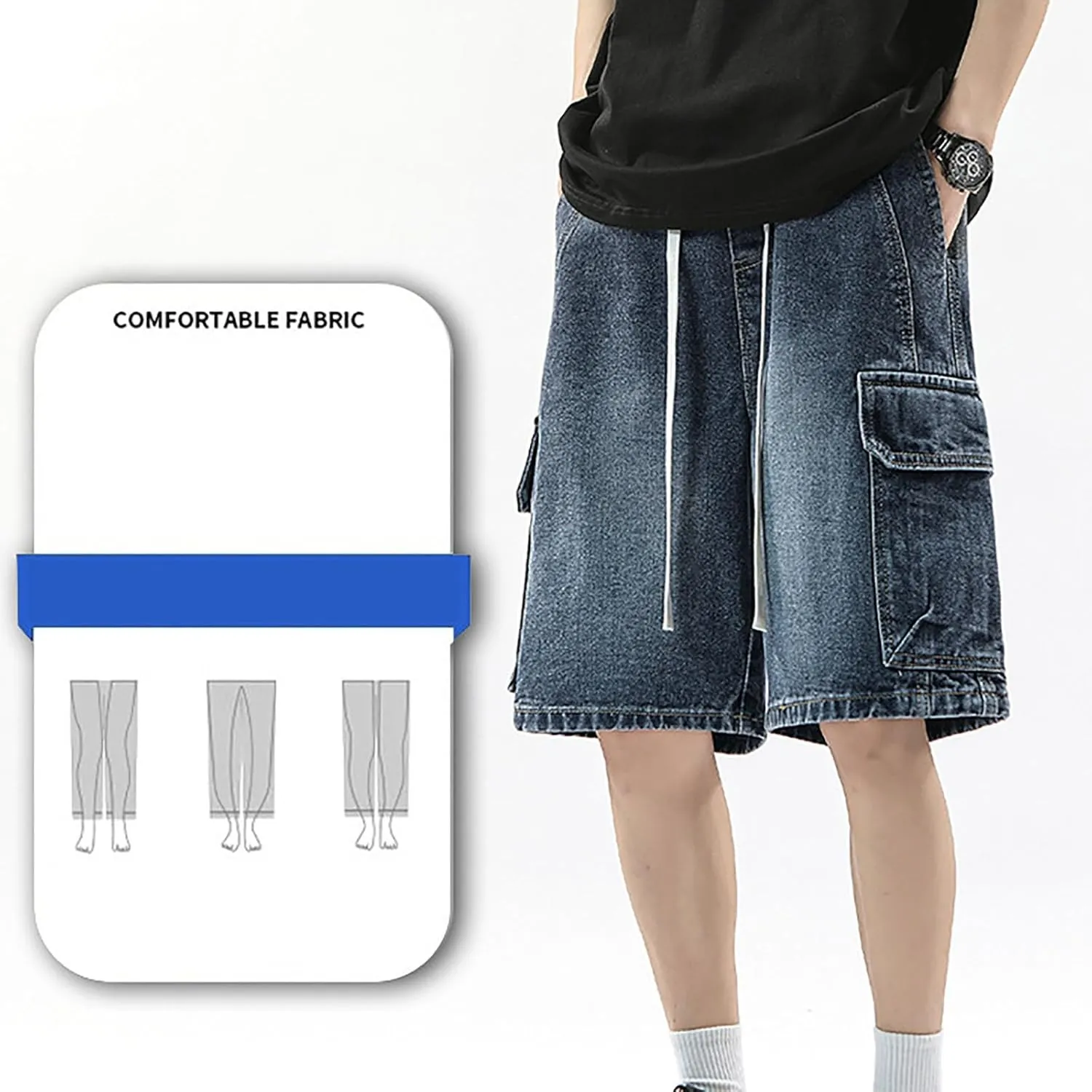 Baggy Jean Shorts for Men Summer Casual Loose Fit Y2K Hip Hop Mid Denim Shorts Streetwear with Pockets