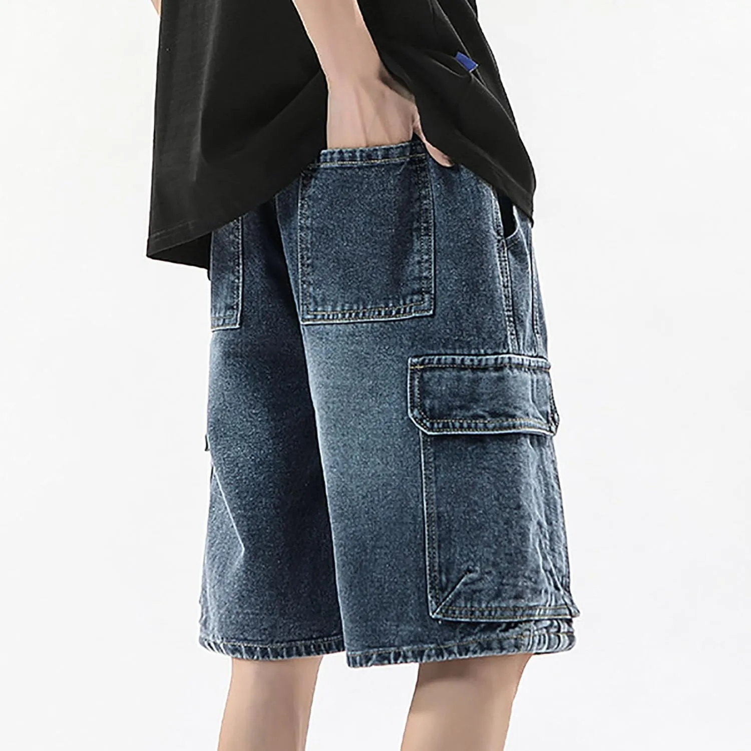 Baggy Jean Shorts for Men Summer Casual Loose Fit Y2K Hip Hop Mid Denim Shorts Streetwear with Pockets