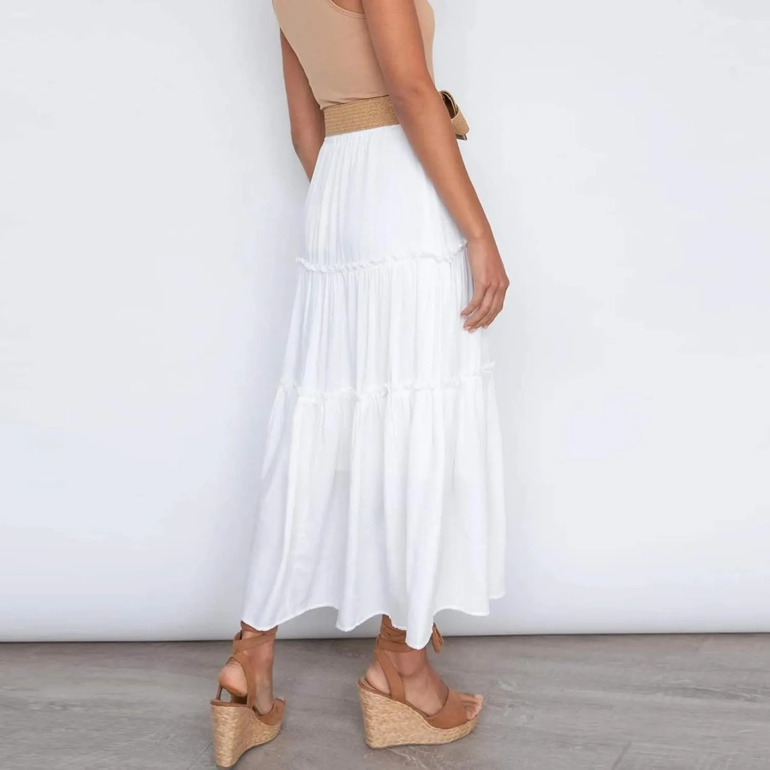 Beach Skirt for Summer Vacation High Elastic Waist Casual A Line Loose Solid Long Skirts for Women Trendy Clothes