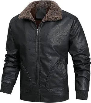 Black Leather Jacket Men Motorcycle Winter Warm Sherpa Lined Zip-Up Slim Fit Biker Coat Bomber Jackets Outwear