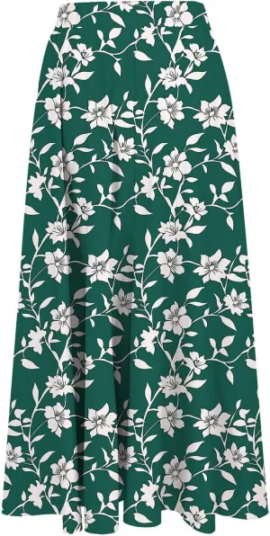 Boho Floral Maxi Skirts for Women Summer Beach Vacation A-Line Pleated Long Skirts Elastic High Waisted Flowy Skirt