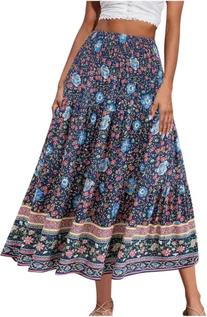 Boho Floral Pleated Long Skirts for Women Summer Casual Elastic High Waisted Skirts A-Line Flowy Swing Maxi Skirt