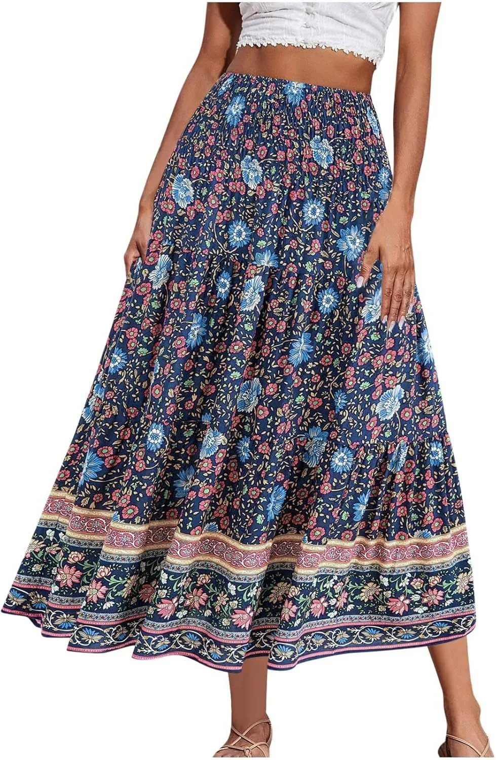 Boho Floral Pleated Long Skirts for Women Summer Casual Elastic High Waisted Skirts A-Line Flowy Swing Maxi Skirt