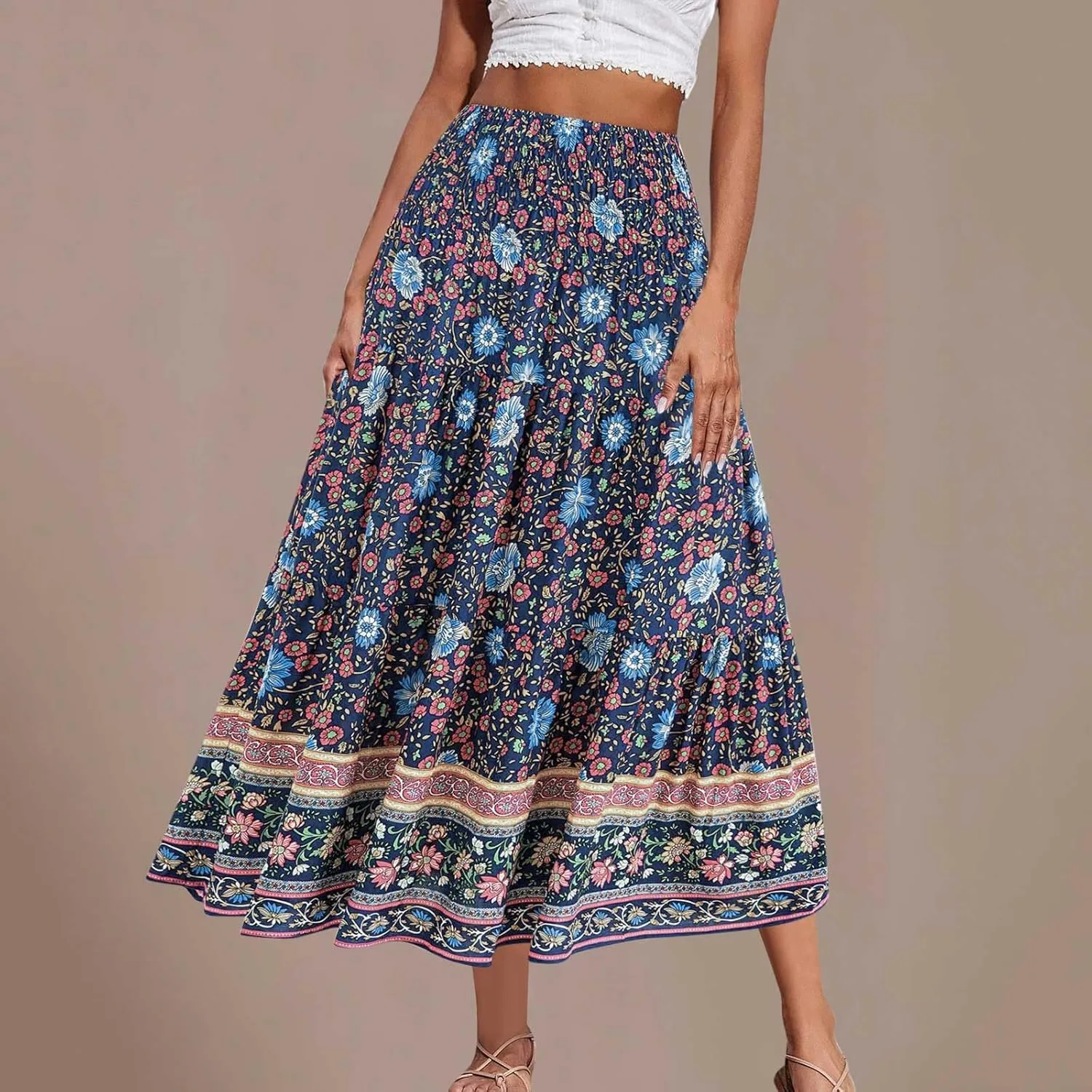 Boho Floral Pleated Long Skirts for Women Summer Casual Elastic High Waisted Skirts A-Line Flowy Swing Maxi Skirt