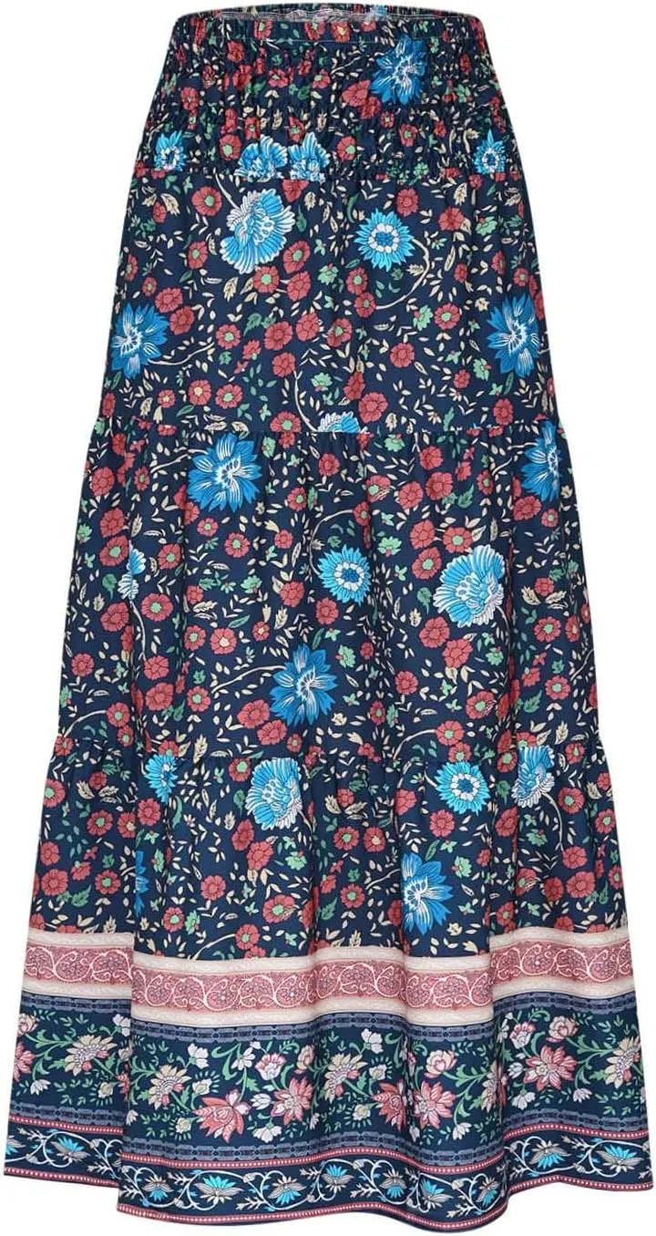 Boho Floral Pleated Long Skirts for Women Summer Casual Elastic High Waisted Skirts A-Line Flowy Swing Maxi Skirt