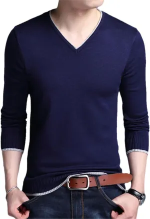Bollrllr 2023 Men's Casual Long Sleeve Sweater V Neck Knitted Pullover Retro Slim Knitted Sweater