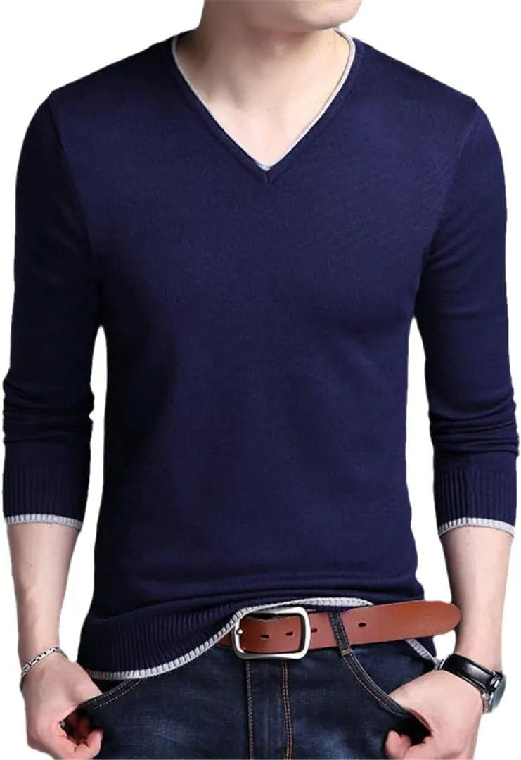 Bollrllr 2023 Men's Casual Long Sleeve Sweater V Neck Knitted Pullover Retro Slim Knitted Sweater