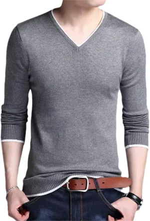 Bollrllr 2023 Men's Casual Long Sleeve Sweater V Neck Knitted Pullover Retro Slim Knitted Sweater