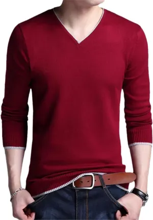 Bollrllr 2023 Men's Casual Long Sleeve Sweater V Neck Knitted Pullover Retro Slim Knitted Sweater