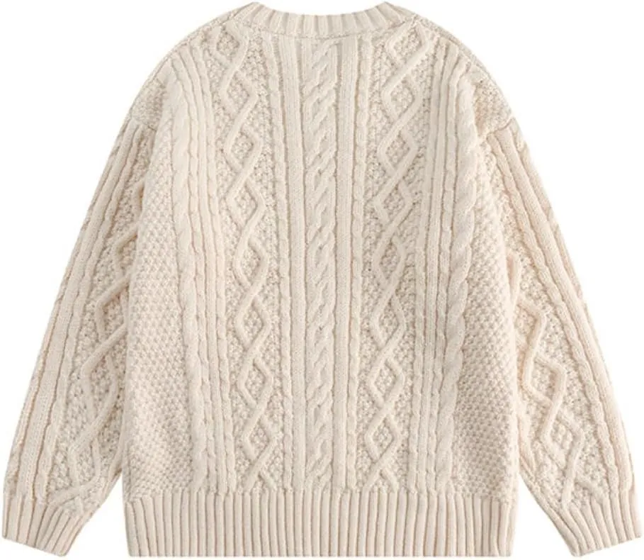 Cable Knit Sweater Women Vintage Chunky Cream Sweater Men Woven Crewneck Knitted Pullover