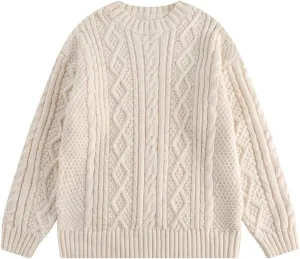 Cable Knit Sweater Women Vintage Chunky Cream Sweater Men Woven Crewneck Knitted Pullover