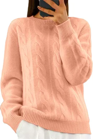 Cashmere Sweater for Women, Pink, V-Neck, Long Sleeve, Loose Fit, Retro Tribal Pattern