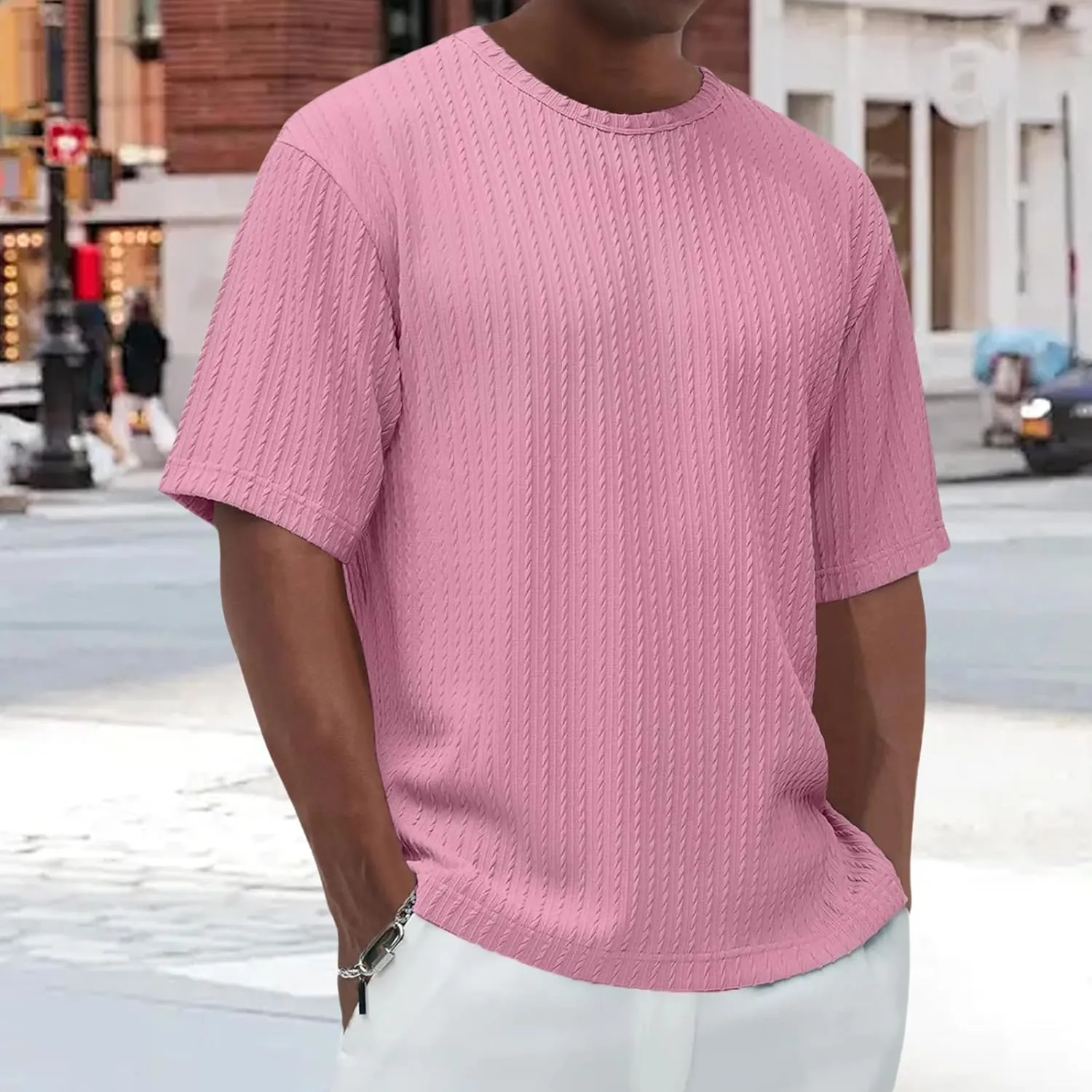 Casual Crewneck T Shirts for Men Classic Jacquard Athletic Tee Fashion Slim Fit Basic Tee Outdoor Hiking Travel Tops