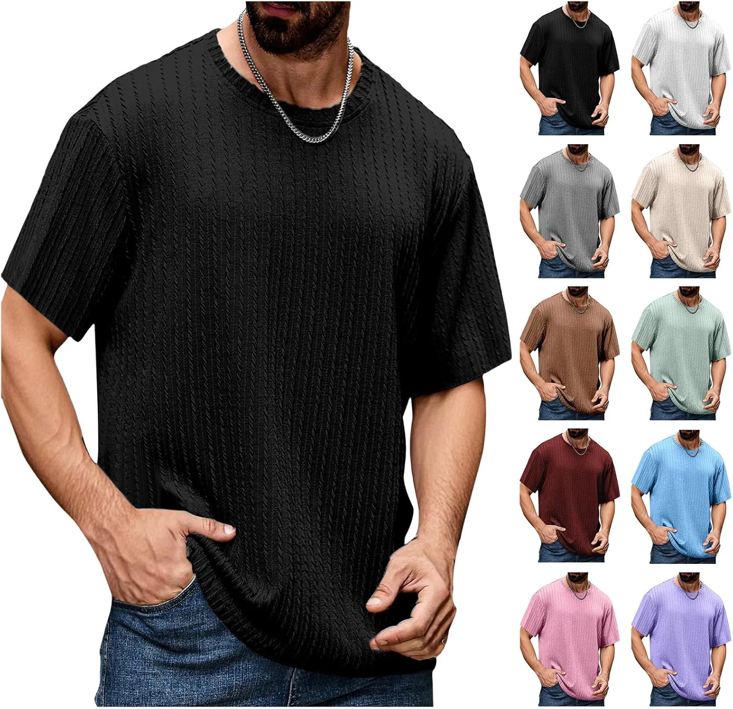 Casual Crewneck T Shirts for Men Classic Jacquard Athletic Tee Fashion Slim Fit Basic Tee Outdoor Hiking Travel Tops