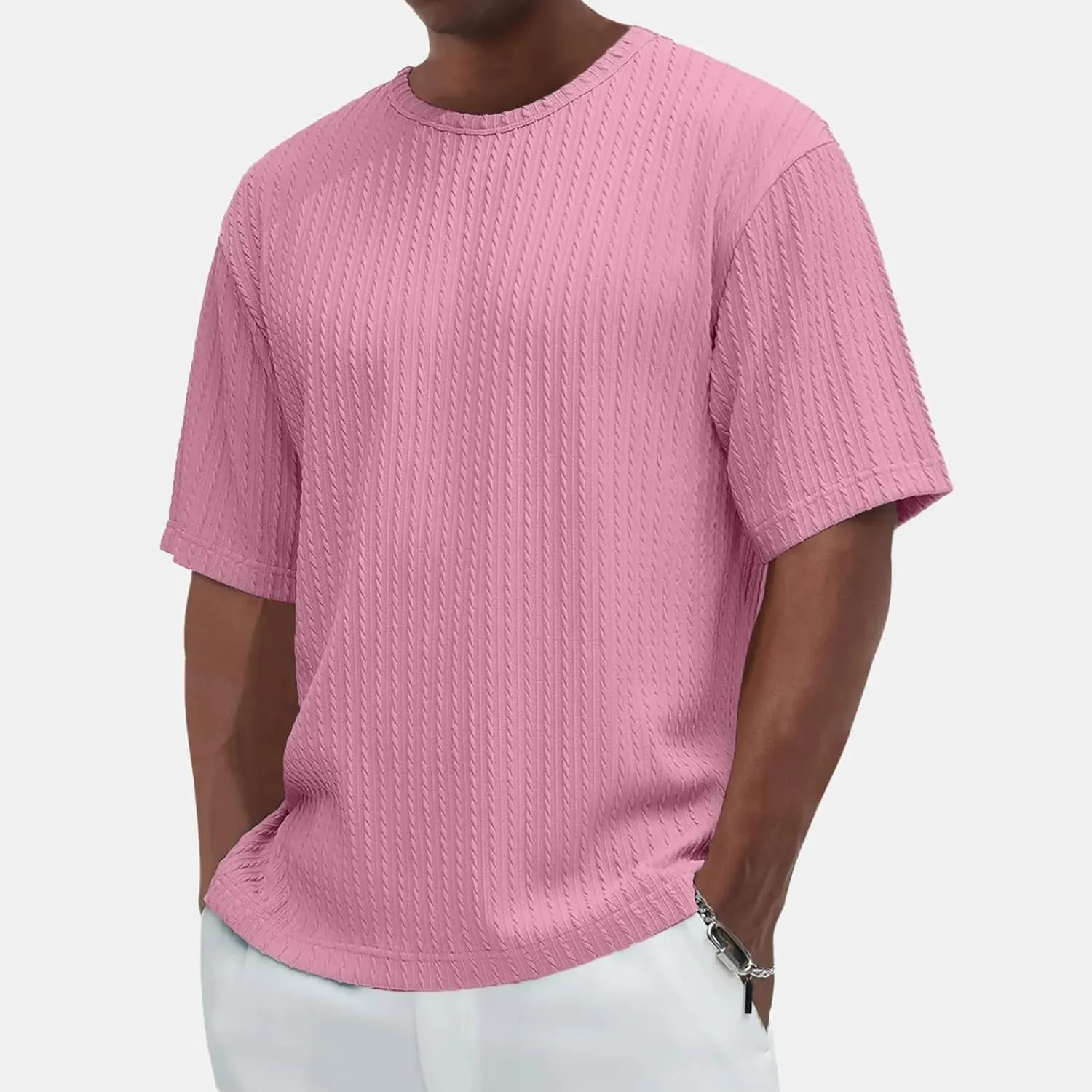 Casual Crewneck T Shirts for Men Classic Jacquard Athletic Tee Fashion Slim Fit Basic Tee Outdoor Hiking Travel Tops