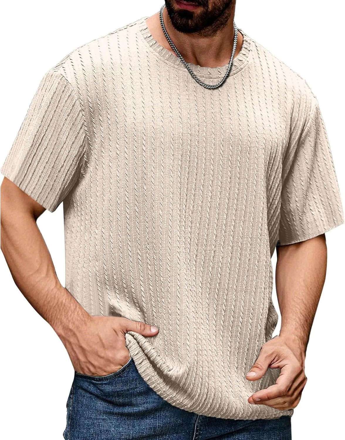 Casual Crewneck T Shirts for Men Classic Jacquard Athletic Tee Fashion Slim Fit Basic Tee Outdoor Hiking Travel Tops